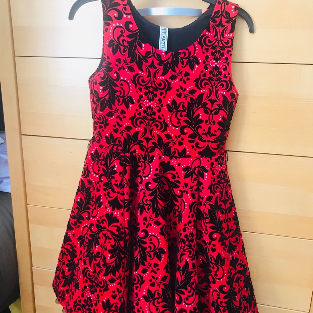 Red brocade style dress with crinoline
